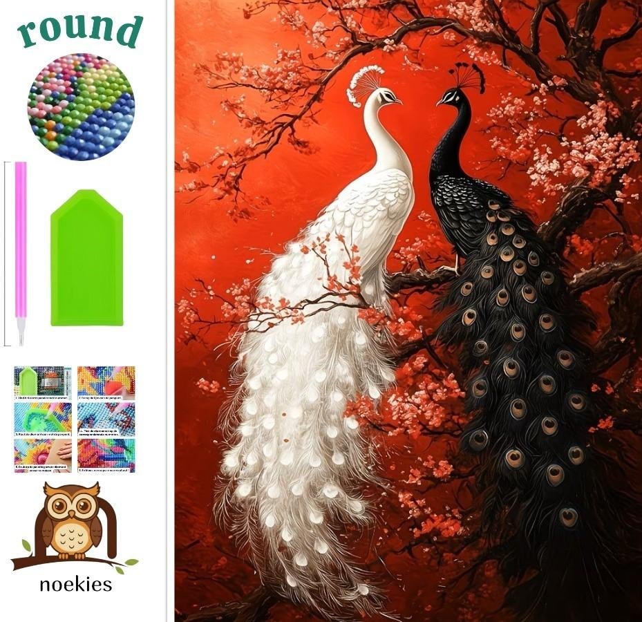 nr 261 Diamond Painting Pauwen rood zwart wit 40x30cm (rond), Verzenden, Nieuw, Overige materialen, Overige merken