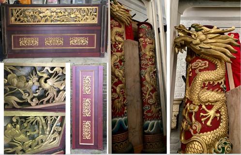 Oude chinese wandpanelen hoofdbord bed hout + zuilen draak, Antiquités & Art, Curiosités & Brocante, Enlèvement