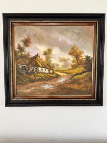 Zeer groot landschap schilderij prachtige zwarte lijst beschikbaar voor biedingen