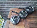 SET VAN 3 GEBRUIKTE STEELPANNEN MET GLAZEN DEKSELS, Enlèvement, Utilisé, Aluminium, Ensemble de casseroles