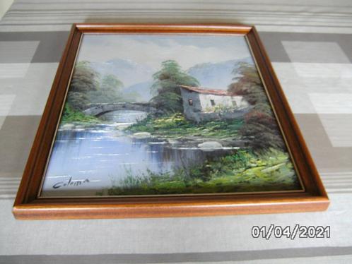 Een schilderij op doek  met natuurzicht met houten kader, Antiek en Kunst, Kunst | Schilderijen | Klassiek, Ophalen