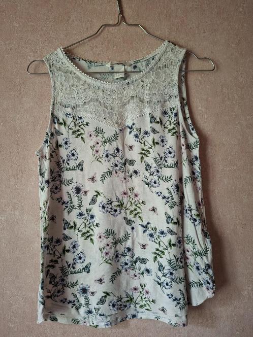 H&M Witte Bloemenprint Top met Kant - Maat S, Kleding | Dames, Topjes, Zo goed als nieuw, Maat 36 (S), Zonder mouw, Ophalen of Verzenden