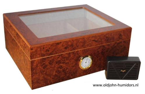 H04 SALE HUMIDOR GROOT VENSTER SPAANS CEDERHOUT - WORTELHOUT, Verzamelen, Rookartikelen, Aanstekers en Luciferdoosjes, Nieuw, Tabaksdoos of Verpakking