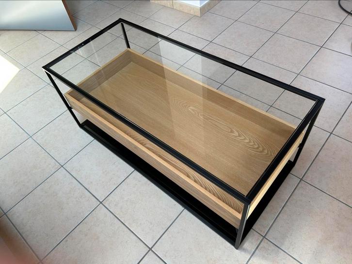 Table basse industrielle en verre trempé, bois et métal noir, Maison & Meubles, Tables | Tables de salon, Comme neuf, Moins de 50 cm