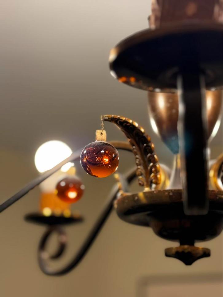 Vintage luster met oranje kristalbollen, Huis en Inrichting, Lampen | Kroonluchters, Zo goed als nieuw, Metaal, Ophalen of Verzenden