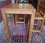 Hoge bartafel + 2 barstoelen teak, Ophalen, Gebruikt, 50 tot 100 cm, Tot twee personen
