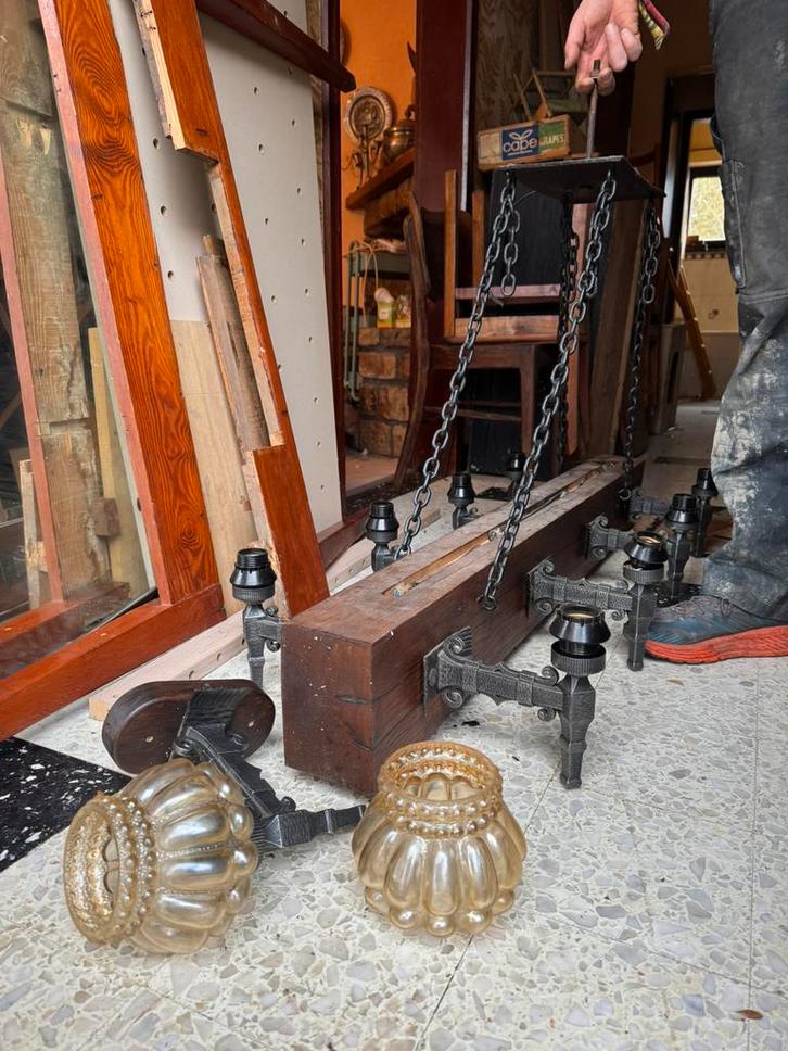 Lustre 8 lampes bois, Maison & Meubles, Lampes | Lustres, Comme neuf, Verre, Bois, Enlèvement