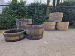 Halve wijn of whiskyvaten - bloembakken - eikenhout, Tuin en Terras, Bloembakken en Plantenbakken, Ophalen, Tuin, Gebruikt, Rond