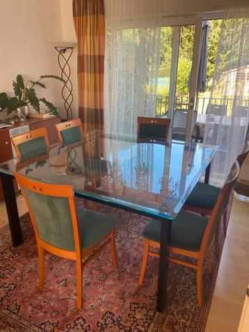 Table à manger carrée 150x150 + 6 chaises en velours, Enlèvement, Utilisé, 4 à 6 chaises