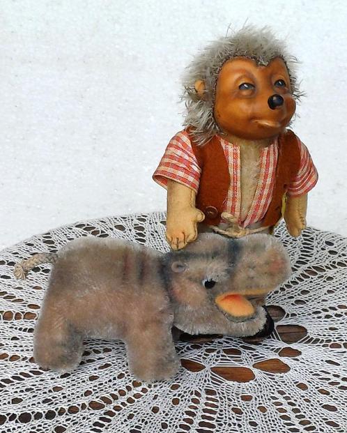 Oud Steiff egeltje met oud mini Steiff nijlpaard, Antiek en Kunst, Antiek | Speelgoed, Verzenden
