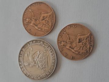 Pièces anglaises 1 shilling et 1 penny 1915 + 1 penny 1914  beschikbaar voor biedingen