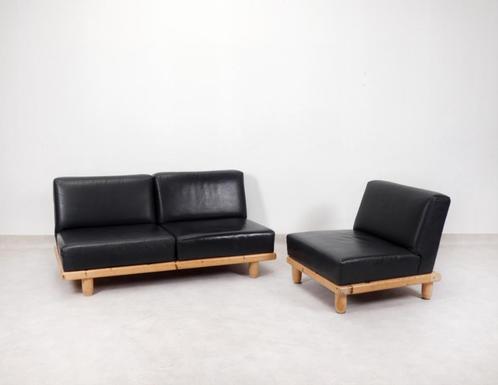Brutalist style sofa set in black leather, Huis en Inrichting, Zetels | Complete zithoeken, Gebruikt, Hout, Leer, Ophalen of Verzenden