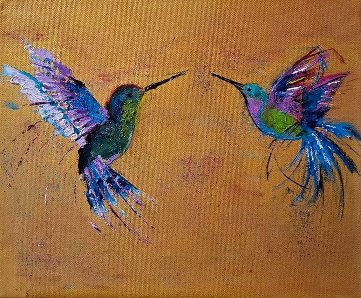 Verliefde kolibries, Antiek en Kunst, Kunst | Schilderijen | Modern, Ophalen