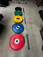 150kg Gekleurde Bumperplates + Olympische Barbell 220cm, Enlèvement, Utilisé, Plaques d'haltères