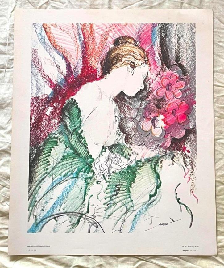 Kunstdruk: ' Naakt met bloemen ' Martí Carbó ~ Vintage 70s, Huis en Inrichting, Woonaccessoires | Schilderijen, Tekeningen en Foto's