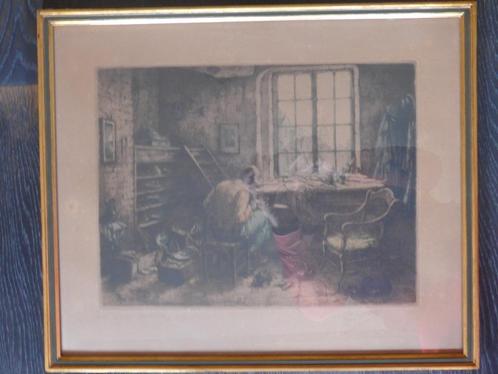 Prosper De Wit ; ingekleurde ets van een schoenmaker, Antiek en Kunst, Kunst | Etsen en Gravures, Ophalen of Verzenden