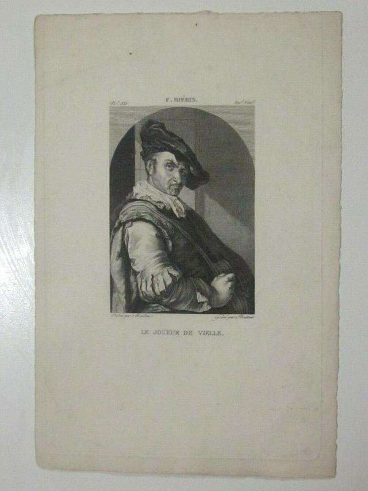 MIERIS Joueur de vielle Gravure ancienne 1807 Ecole Flamande, Antiek en Kunst, Kunst | Etsen en Gravures, Ophalen of Verzenden
