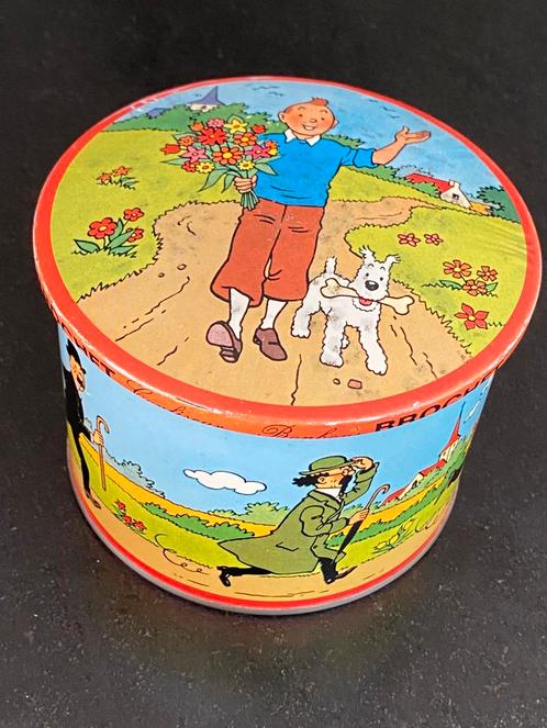 Oude blikken doos Kuifje 1965, Verzamelen, Stripfiguren, Gebruikt, Gebruiksvoorwerp, Kuifje, Ophalen of Verzenden