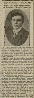 VERKEERSONGEVAL TE BONDUES FRANCE -HENRI VANDAELE VLAMERTIN, Ophalen of Verzenden, Bidprentje