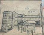 Originele pentekening interieur Tiborlager wereldoorlog 2, Ophalen of Verzenden