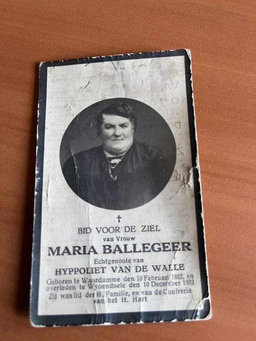 Rouwkaart M.Ballegeer  Waardamme 1882 + Wynendaele 1932, Collections, Images pieuses & Faire-part, Carte de condoléances, Envoi