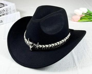 Cowboy Hoed Met Stierkop Wit Zwart Polyester Band (Nieuw)  beschikbaar voor biedingen