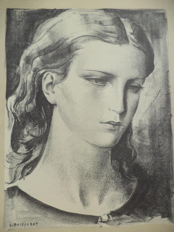 LOUIS BUISSERET 1888-1956 lithografie jonge vrouw portret, Antiek en Kunst, Kunst | Litho's en Zeefdrukken, Ophalen of Verzenden
