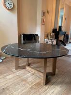 Table en marbre noir avec pied en bois 160, Chêne, 150 à 200 cm, Rond, 150 à 200 cm