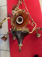 Luster in brons met puti en 7 glazen roosjes., Ophalen