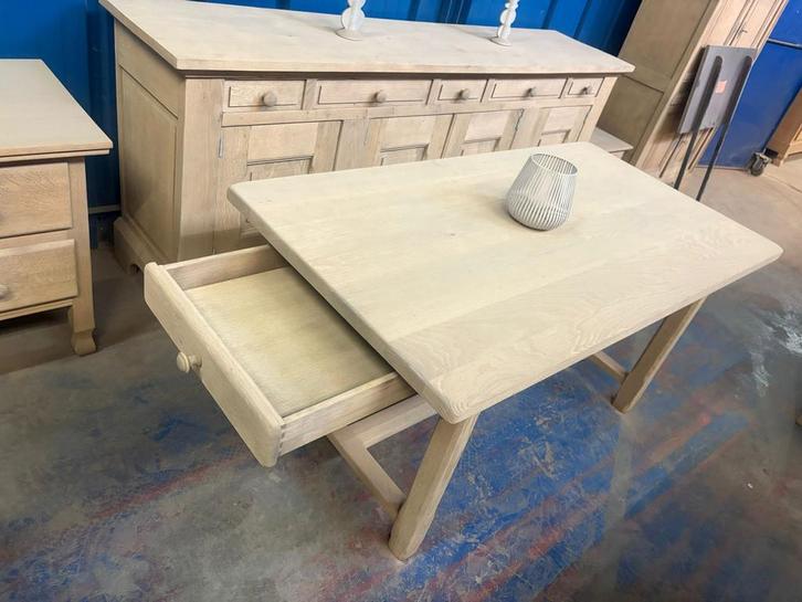 Eikenhouten boerentafel met aerogummed lade + verlengstuk, Huis en Inrichting, Tafels | Eettafels, Eikenhout, Ophalen