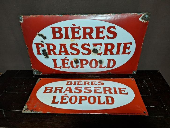 Duo van Emaille borden voor 1927 Bières Brasserie Leopold, Verzamelen, Merken en Reclamevoorwerpen, Gebruikt, Reclamebord, Ophalen of Verzenden