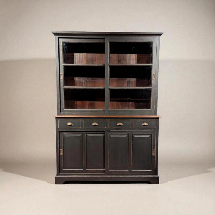 Buffetkast zwart teakhout – Landelijke vitrinekast met schui, Huis en Inrichting, Kasten | Buffetkasten, Zo goed als nieuw, Teakhout