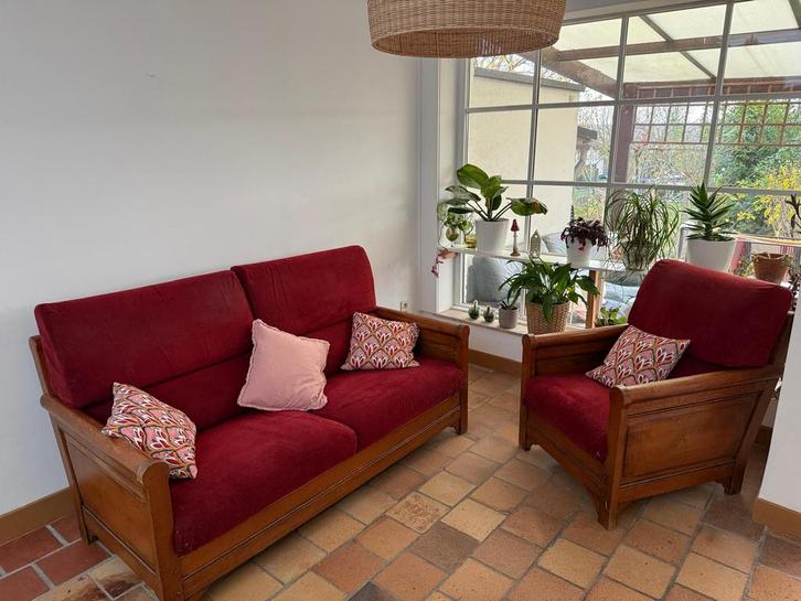 Art deco-woonkamer in massief eikenhout — springstoel, Huis en Inrichting, Zetels | Zetels, Zo goed als nieuw, Stof, Ophalen