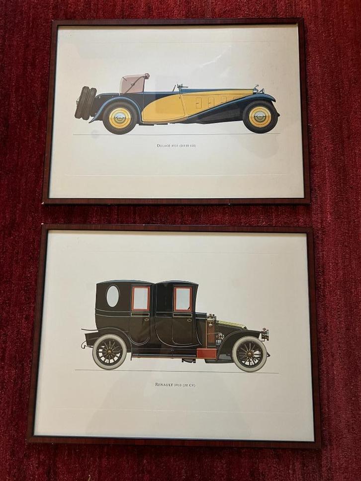 Twee knappe gravures van oldtimers., Antiek en Kunst, Curiosa en Brocante, Ophalen of Verzenden