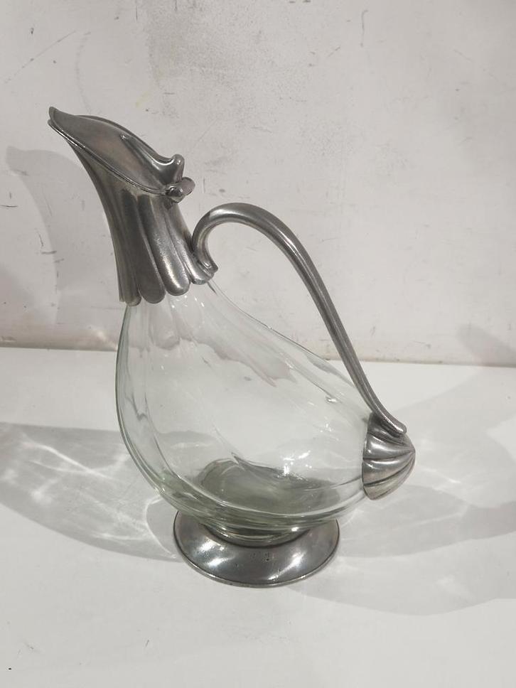 Gestempeld , tin en kristal eend karaf , Decanter  1 liter, Antiek en Kunst, Antiek | Glaswerk en Kristal, Ophalen of Verzenden