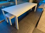 Tafel Joli wit, Huis en Inrichting, Tafels | Eettafels, Ophalen, Aluminium wit onderstel + melkwit glazen blad, 100 tot 150 cm