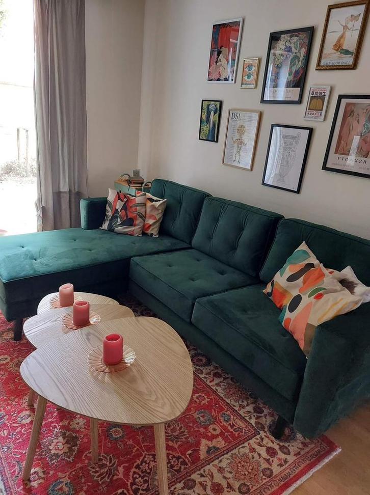 Groene velours hoekzetel, Huis en Inrichting, Zetels | Complete zithoeken, Zo goed als nieuw, Ophalen