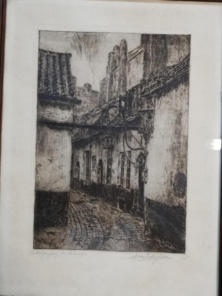 * H Van Peteghem: inkt tekening: Radijzengang in Antwerpen, Antiek en Kunst, Kunst | Etsen en Gravures, Ophalen of Verzenden