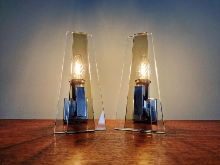 Paar Italiaanse glazen wandkandelaars, 1970, Antiek en Kunst, Antiek | Verlichting, Ophalen of Verzenden