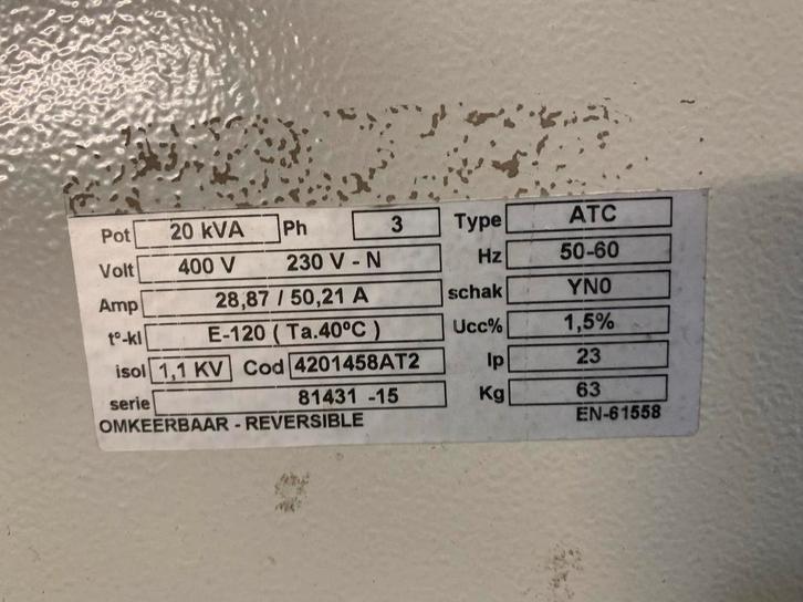 Omkeerbare transformator 20kva, Doe-het-zelf en Bouw, Elektriciteit en Kabels, Zo goed als nieuw, Ophalen