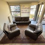 Lederen salon driezit en 2 1-zit  - diep bruin, Huis en Inrichting, Ophalen, Driepersoons, Zo goed als nieuw, Rechte bank