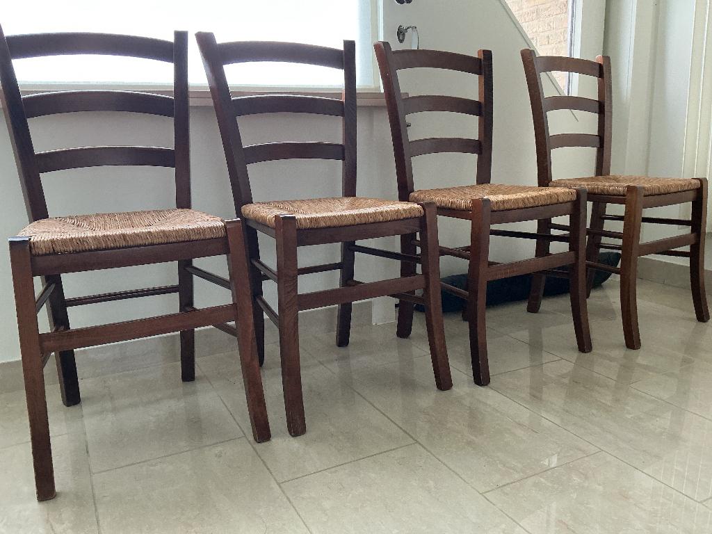 4 houten stoelen met rieten zitting, Ophalen, Gebruikt, Bruin, Landelijk
