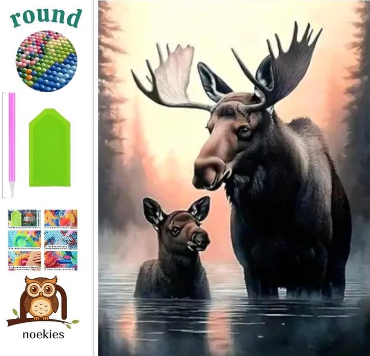 nr 229 Diamond Painting wilde dieren water 40x30cm (rond), Hobby en Vrije tijd, Knutselen, Nieuw, Diamond painting, Educatief