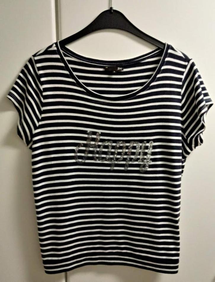 Blauw/wit gestreepte T-shirt met korte mouwen "HAPPY", S, Kleding | Dames, T-shirts, Zo goed als nieuw, Blauw, Ophalen of Verzenden