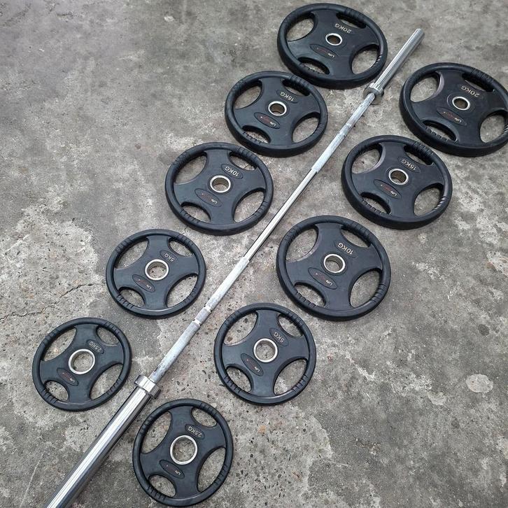 Lifemaxx Olympische Grip Gewichten Set + Barbell 220cm 20kg, Sport en Fitness, Fitnessmaterialen, Zo goed als nieuw, Ophalen