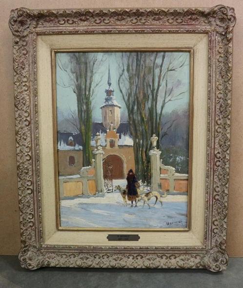 Willem Battaille, wandeling met de honden in de sneeuw, Antiek en Kunst, Kunst | Schilderijen | Klassiek, Ophalen of Verzenden