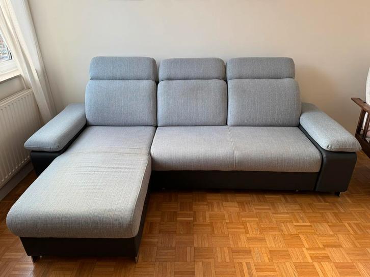 Lichtgrijze hoekbank met kofferbak en uitschuifbaar gedeelte, Huis en Inrichting, Zetels | Complete zithoeken, Gebruikt, Stof