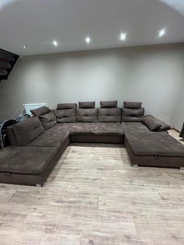 Bruine U zetel met bed functie en opslag, Ophalen, Gebruikt, Hoekbank, 300 cm of meer