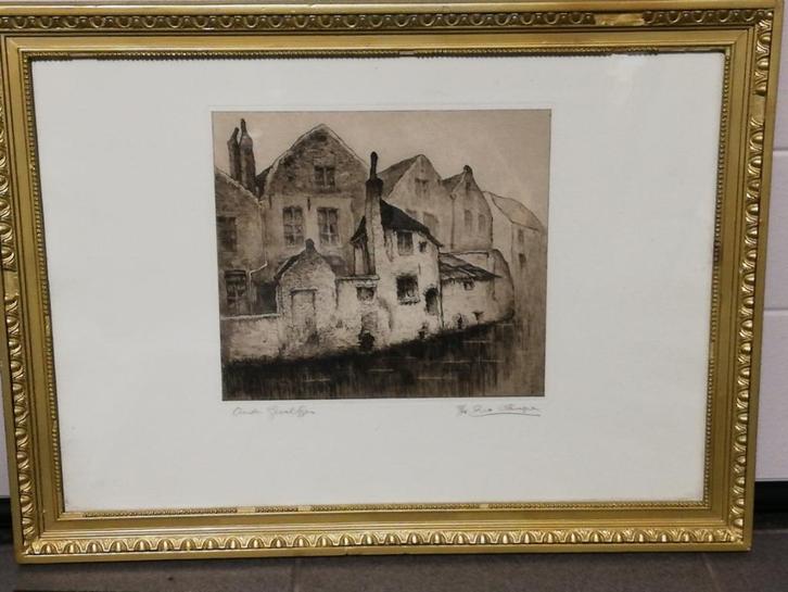 G. Langie: ets: 'Oude geveltjes', Gentse kunstenaar, Antiek en Kunst, Kunst | Etsen en Gravures, Ophalen of Verzenden