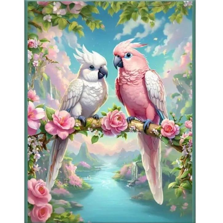 Diamond Painting papegaaien op bloementak 40x30cm, Hobby en Vrije tijd, Knutselen, Nieuw, Knutselwerk, Verzenden